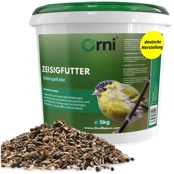 Tüte Orni Wildvogelfutter mit fliegenden Vogelsilhouetten, 5 kg, hergestellt in Deutschland.