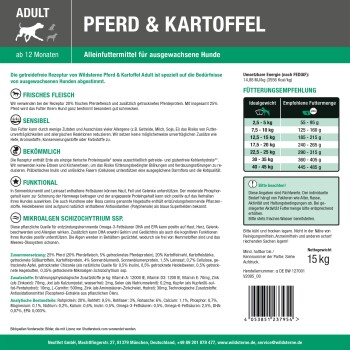 Deutsches Hundefutteretikett ‚PFERD & KARTOFFEL‘ – ADULT, ab 12 Monaten, 15 kg, Fütterungstabelle und Produktangaben.