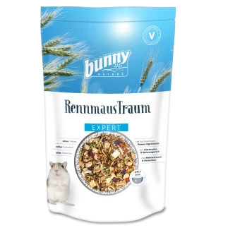 Bunny Nature RennmausTraum Haustierfutterverpackung für Kleintiere, mit einer Hamsterillustration und dem Text: "keine Pellets," "kein Extrudat," "plus Vitamine."