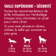 Tableau de tailles de jouets pour chiens en français indiquant 'TAILLE SUPÉRIEURE = SÉCURITÉ' avec instructions, silhouettes de chiens et catégories de poids S, M/L, L.