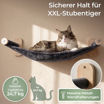 5-teiliges graues Katzenkletterset mit Regalen, Hängematte, Kratzbaum und Montageschrauben, Maße in cm.