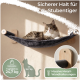 5-teiliges graues Katzenkletterset mit Regalen, Hängematte, Kratzbaum und Montageschrauben, Maße in cm.