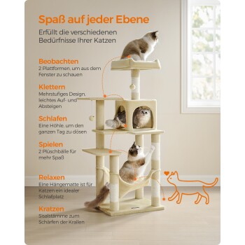 Katzenbaum mit zwei Katzen, die spielen und sich entspannen, zeigt Aktivitäten wie Klettern, Schlafen und Kratzen.