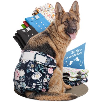 Drei bunte Haustierwindeln mit Blumenmustern, mit einem '3er SET'-Label und einem Etikett, das 'JUSTIER BAR DEUTSCHE MARKE' liest.