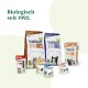 Yarrah Bio-Katzenfutterprodukte einschließlich getreidefreiem Trockenfutter, Dosenfutter und Pastete, mit dem Text "Biologisch seit 1992."