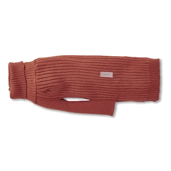 Rostfarbener gerippter Hundepullover mit Rollkragen und Bauchauöffnung, kleines rechteckiges Label 'WOLTERS'.