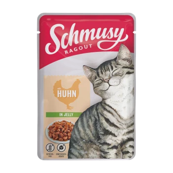 Schmusy Ragout Katzenfutterbeutel mit einer glücklichen getigerten Katze, beschriftet mit "mit Huhn" und "in Jelly", mit einer Illustration einer Futterschüssel.