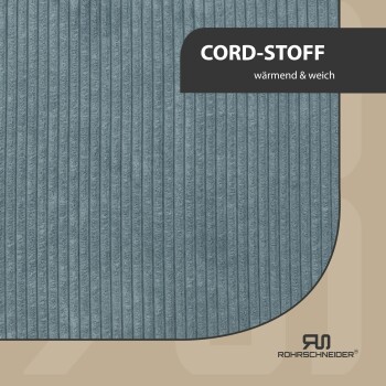 Blaues Cordstoffgewebe mit vertikalen Streifen, beschriftet mit "CORD-STOFF" und "wärmend & weich" in moderner Schriftart.