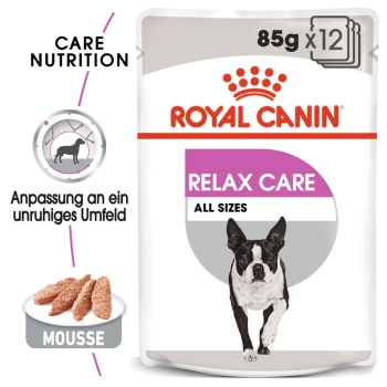 Royal Canin Relax Care Hundefutterverpackung mit einer laufenden Hundillustration, beschriftet mit '85g x 12' und 'Alle Größen'.