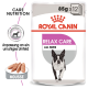 Royal Canin Relax Care Hundefutterverpackung mit einer laufenden Hundillustration, beschriftet mit '85g x 12' und 'Alle Größen'.