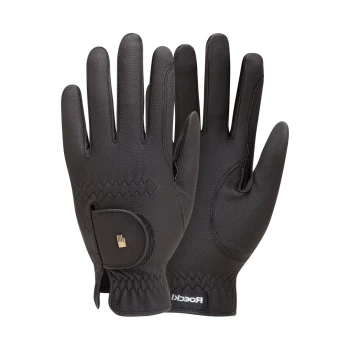 Schwarze Haustierpflegehandschuhe mit strukturiertem Griff und verstellbarem Handgelenkverschluss, mit dem Markennamen "Rocckit" am Bündchen.