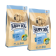 Zwei Beutel Happy Dog NaturCroq Puppy Hundefutter mit einem Golden Retriever Welpen und Sonnenblumengrafiken.