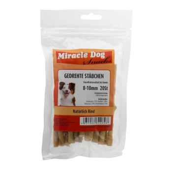 Packung Miracle Dog Snacks gedrehte Rindersticks für Hunde, 8-10 mm, 20 Stück, mit Hundeabbildung auf dem Etikett.