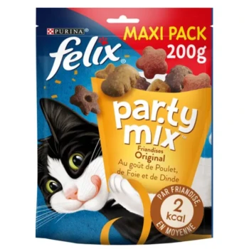 Un sac de 60g de friandises pour chats Felix Party Mix avec un chat noir et blanc, présentant des saveurs de poulet, de foie et de dinde, 2 kcal par friandise.