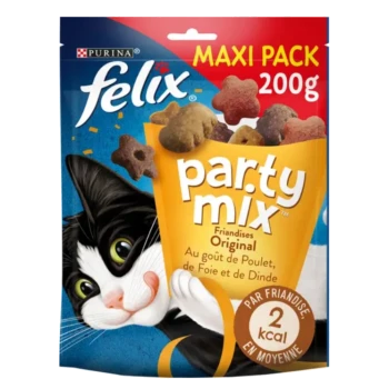 Un sac de 60g de friandises pour chats Felix Party Mix avec un chat noir et blanc, présentant des saveurs de poulet, de foie et de dinde, 2 kcal par friandise.