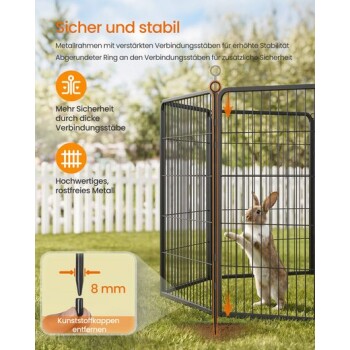 Kaninchen in schwarzem Metall-Laufstall auf Gras; deutscher Text 'Sicher und stabil' und Einblendung '8 mm'.