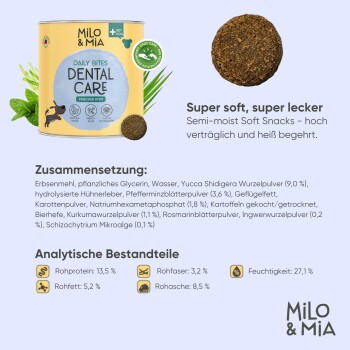 Milo & Mia Daily Bites Dental Care Hundeleckerlis, mit einer gelben Dose mit einem weichen Snack, Zutatenliste und Nährwertanalyse.