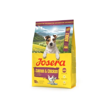 Josera Mini Adult Hundefutterbeutel mit einem Jack Russell, Lachs- und Hähnchengeschmack und deutschem Qualitätssiegel.