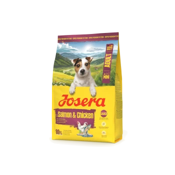 Josera Mini Adult Hundefutterbeutel mit einem Jack Russell, Lachs- und Hähnchengeschmack und deutschem Qualitätssiegel.