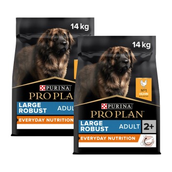 Deux sacs de 14 kg de nourriture pour chiens Purina Pro Plan Large Robust Adult avec nutrition quotidienne, saveur poulet.