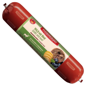 Fleischeslust-Holz-Futterbox mit Hundefoto und roter Futterrolle mit der Aufschrift 'Wild mit Rind / Game with beef'.