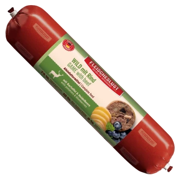 Fleischeslust-Holz-Futterbox mit Hundefoto und roter Futterrolle mit der Aufschrift 'Wild mit Rind / Game with beef'.