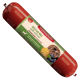 Fleischeslust-Holz-Futterbox mit Hundefoto und roter Futterrolle mit der Aufschrift 'Wild mit Rind / Game with beef'.