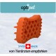 Oranges Haustierpflegewerkzeug mit strukturierter Oberfläche, beschriftet mit "optipet," "SWISS MADE," und "von Tierärzten empfohlen."