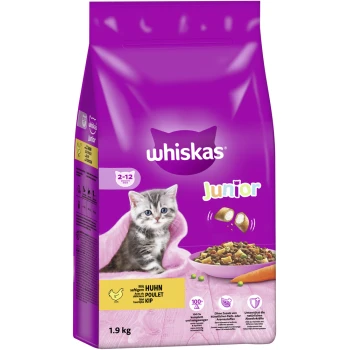 Junior Huhn 1.9 kg Whiskas Junior Katzenfutterbeutel mit einem verspielten Kätzchen, mit Text, der Huhn als Hauptzutat und ernährungsphysiologische Vorteile hervorhebt.