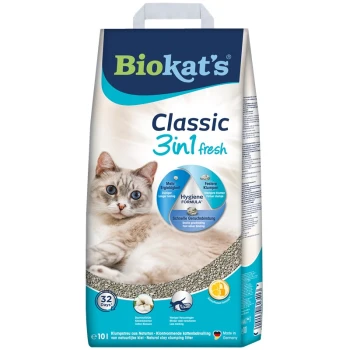 Biokat's Classic 3in1 frische Katzenstreu-Tüte mit einer grauen Katze auf der Vorderseite, die die Hygieneformel und die Geruchskontrolle hervorhebt.