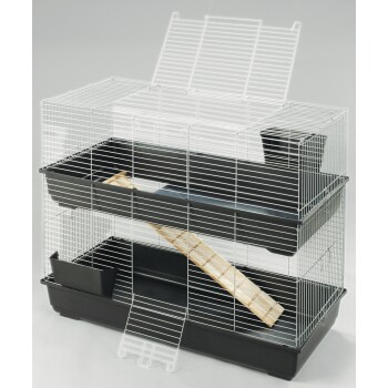 Two-tier small pet cage with white wire frame, black plastic base and platforms, wooden ramp and feeder box
