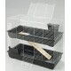 Two-tier small pet cage with white wire frame, black plastic base and platforms, wooden ramp and feeder box