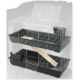 Two-tier small pet cage with white wire frame, black plastic base and platforms, wooden ramp and feeder box