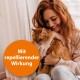 Eine Person mit langen, welligen Haaren hält eine flauschige orangefarbene Katze an einem Fenster, mit einem orangefarbenen Kreis, der sagt "Mit repellierender Wirkung."