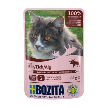 Pochette de nourriture pour chat avec un chat gris aux yeux orange, étiquetée "Bozita" avec des allégations d'élan, sans céréales et de digestion facile, 85g.