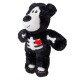 Black plush dog toy with white skull ribs and red heart patch, white face and bone arm detail