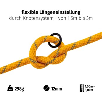 Gelbe verstellbare Haustierleine mit Knotensystem, die einen Längenbereich von 1,5 m bis 3 m, 12 mm Dicke und ein Gewicht von 298 g zeigt.