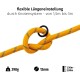 Gelbe verstellbare Haustierleine mit Knotensystem, die einen Längenbereich von 1,5 m bis 3 m, 12 mm Dicke und ein Gewicht von 298 g zeigt.