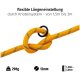 Gelbe verstellbare Haustierleine mit Knotensystem, die einen Längenbereich von 1,5 m bis 3 m, 12 mm Dicke und ein Gewicht von 298 g zeigt.