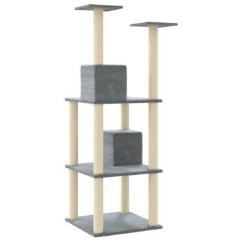 Ein mehrstöckiger Katzenbaum mit zwei hohen Plattformen, einem zentralen grauen Würfel-Ruhebereich und beigen Kratzsäulen.