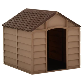 Hundehütte Braun PP Hundehaus Hundehöhle Hundebox 71 cm, 71,5 cm, 68 cm Ein braunes Kunststoff-Hundehäuschen mit einem schrägen Dach und einem offenen Eingang, mit horizontalen Verkleidungen und einem dunklen Innenraum.