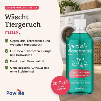Flasche Pawlies Spezial-Waschmittel, ein haustierfreundliches Waschmittel für alle Textilien, mit Angaben zur Geruchsentfernung und Umweltfreundlichkeit.