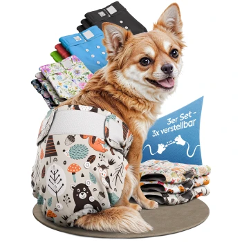 Bunte Haustierwindeln mit verschiedenen Cartoon-Hundedesigns, beschriftet mit '3er SET' und 'DEUTSCHE MARKE.'