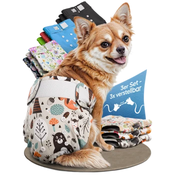 Bunte Haustierwindeln mit verschiedenen Cartoon-Hundedesigns, beschriftet mit '3er SET' und 'DEUTSCHE MARKE.'
