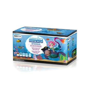 Verpackung des Aquarium Starter Kits 60 zeigt eine lebendige Unterwasserszene mit einer Meerjungfrau und einer Schildkröte, beschriftet mit "AQUARIUM STARTER KIT 60."