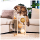 Eine flauschige braune Katze spielt mit einem hängenden Spielzeug auf einem hölzernen Katzenaktivitätsturm mit drei strukturierten Bällen, in einem gemütlichen Wohnzimmer.