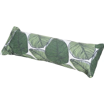 Long coussin pour animaux de compagnie présentant un motif de feuilles vert vif sur un fond blanc.