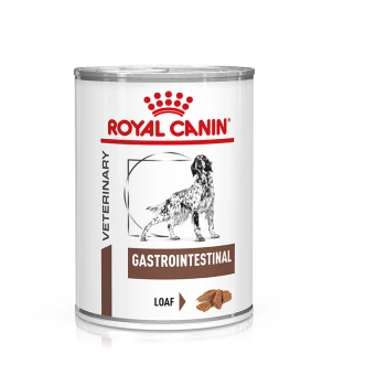 Nourriture pour chien en conserve de Royal Canin, étiquetée "Gastrointestinal Loaf", présentant une silhouette de chien et un branding vétérinaire.