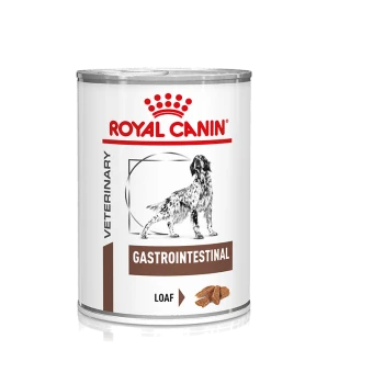 Blikvoer voor honden van Royal Canin, gelabeld 'Gastrointestinal Loaf', met een honden-silhouet en veterinaire branding.