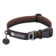 Braunes und schwarzes Hundehalsband von Ruffwear mit einem metallenen D-Ring und einem Etikett mit einem Hundelogo.